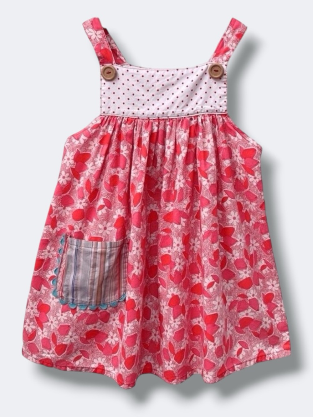🦄 3/$36 Misha Lulu Pinafore Dress Girls 2 Pink Floral Polka Dot Patch Pocket